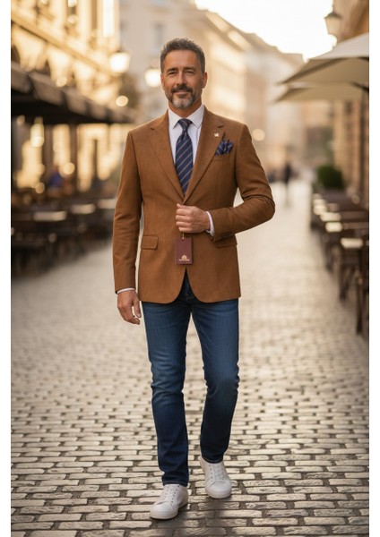 Italyan Kesim Özel Tasarım Erkek Blazer Süet Ceket Tarçın