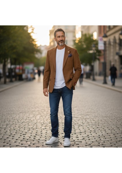 Italyan Kesim Özel Tasarım Erkek Blazer Süet Ceket Tarçın