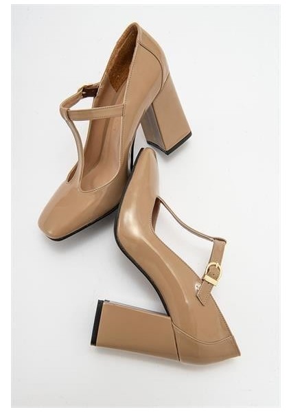 Kadın OMR Vizon Rugan Kalın Topuklu Ayakkabı