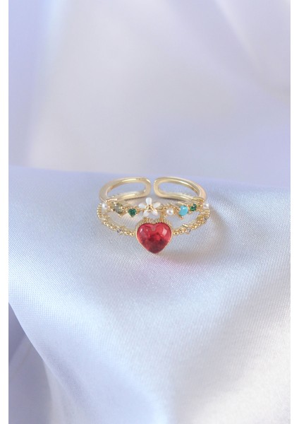 Gold Renk Kırmızı Zirkon Taş Kalp Model Pirinç Kadın Yüzük - Lisinya fiyatları