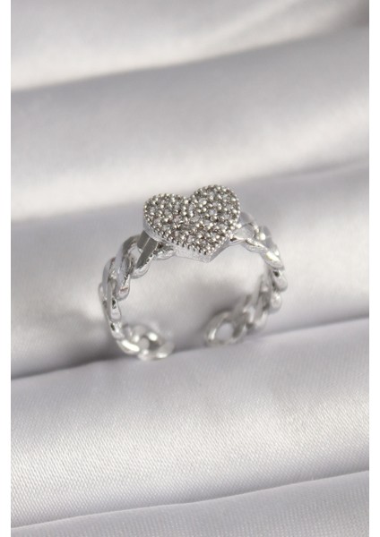 Pirinç Gümüş Renk Zirkon Taşlı Kalp Model Kadın Yüzük - Lisinya