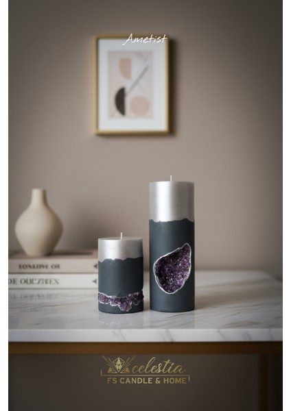 Celestıa Ametist Doğal Taşlı ve Beton Gövdeli Dekoratif Mum Seti