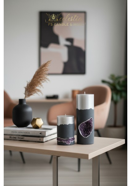 Celestıa Ametist Doğal Taşlı ve Beton Gövdeli Dekoratif Mum Seti fiyatları