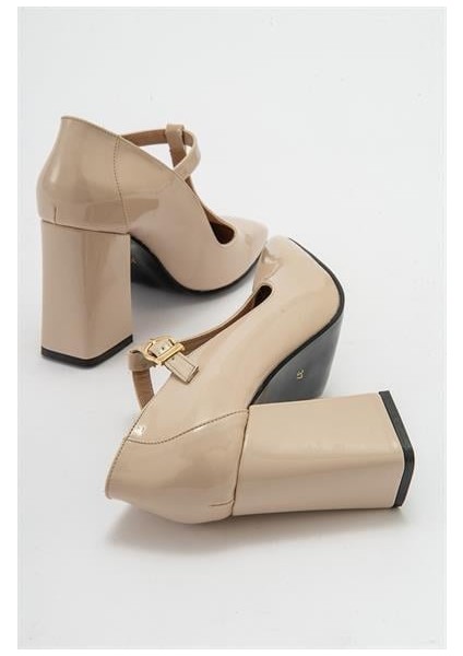 Kadın OMR Bej Rugan Kalın Topuklu Ayakkabı