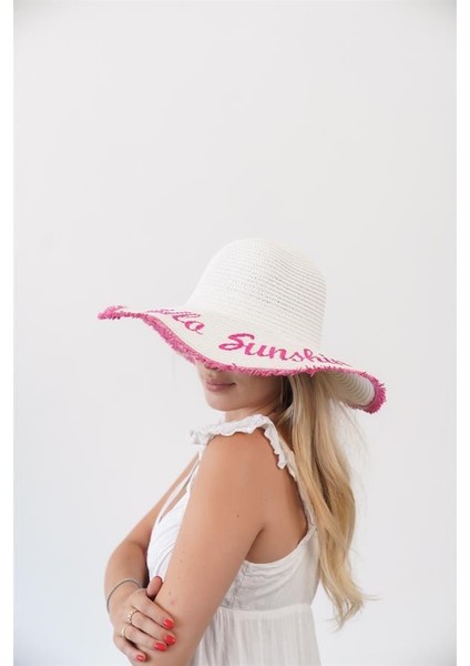 Kadın Edt Beyaz Fuşya Yazı Detaylı Hasır Şapka