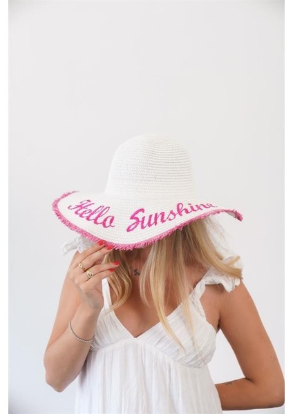 Kadın Edt Beyaz Fuşya Yazı Detaylı Hasır Şapka fiyatları