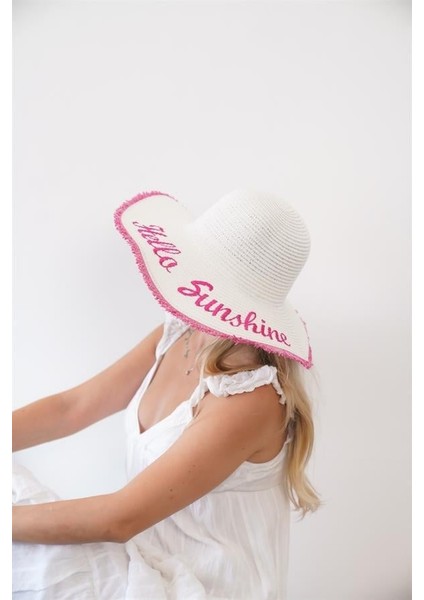 Kadın Edt Beyaz Fuşya Yazı Detaylı Hasır Şapka modelleri