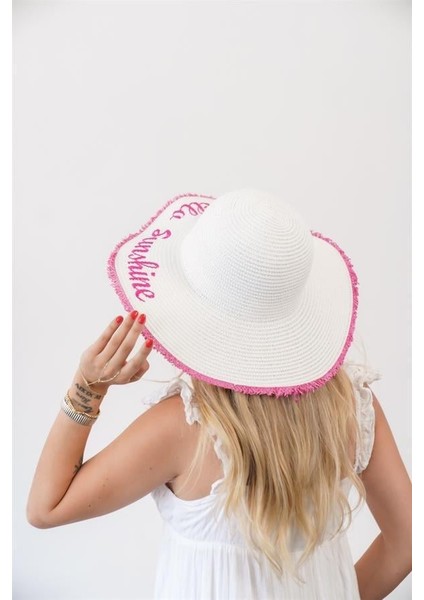 Kadın Edt Beyaz Fuşya Yazı Detaylı Hasır Şapka fırsatları