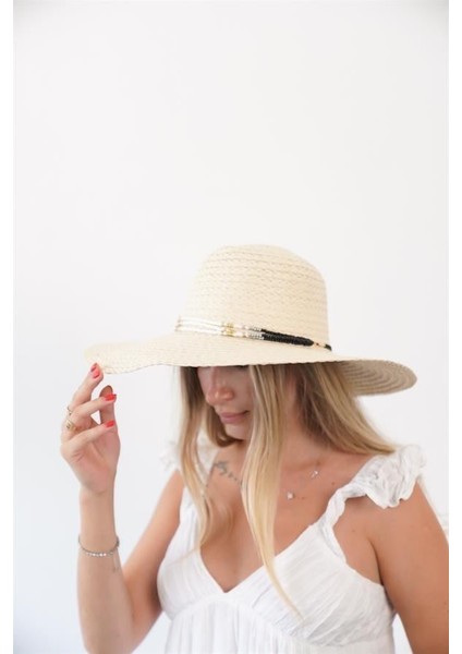 Kadın Axl Bej Siyah Boncuk Detaylı Hasır Şapka