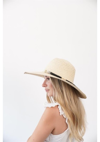 Kadın Axl Bej Siyah Boncuk Detaylı Hasır Şapka fiyatları