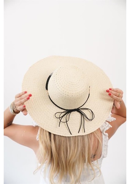 Kadın Axl Bej Siyah Boncuk Detaylı Hasır Şapka modelleri