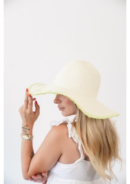 Kadın Edt Bej Yeşil Yazı Detaylı Hasır Şapka