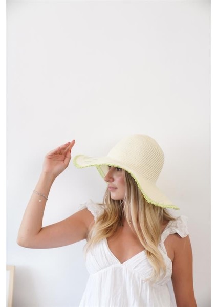 Kadın Edt Bej Yeşil Yazı Detaylı Hasır Şapka fiyatları