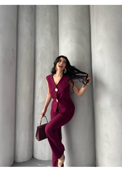 Kadın Gold Kurabiye Düğmeli Yelek Pantolon Takım Elbise