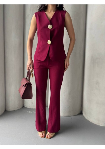 Kadın Gold Kurabiye Düğmeli Yelek Pantolon Takım Elbise