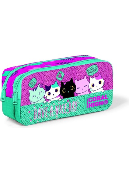 Kids Pembe Su Yeşili Kedi Desenli Simli Iki Bölmeli Kalem Çantası