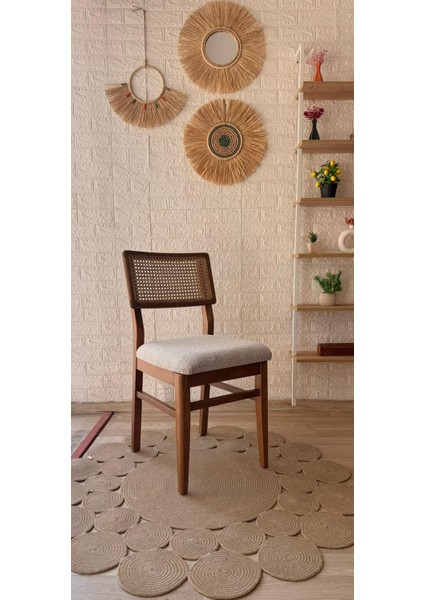 Concept Lizbon Sandalye Teddy Krem Kahve Desenli Kumaş Hasırlı Ceviz Ahşap Sandalye