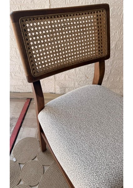Concept Lizbon Sandalye Teddy Krem Kahve Desenli Kumaş Hasırlı Ceviz Ahşap Sandalye modelleri