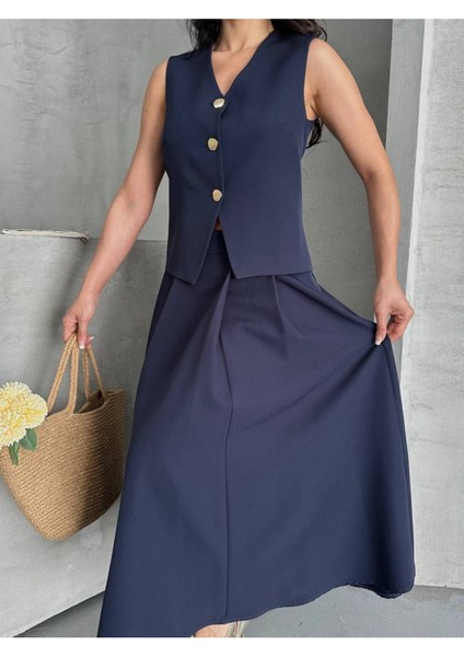 Kadın Alt Üst Takım Şık Düğme Detaylı Premium Yelek Etek Ikili Takım Elbise