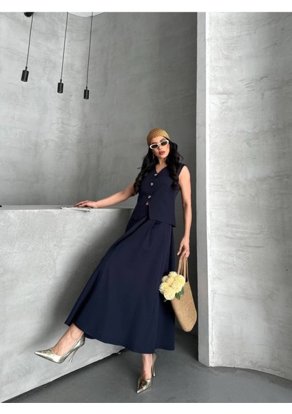 Kadın Alt Üst Takım Şık Düğme Detaylı Premium Yelek Etek Ikili Takım Elbise indirimleri