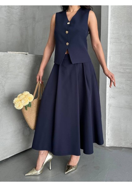 Kadın Alt Üst Takım Şık Düğme Detaylı Premium Yelek Etek Ikili Takım Elbise