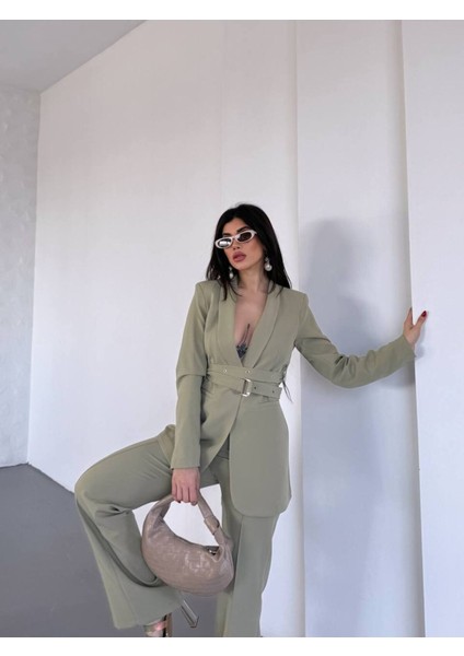 Kadın Ikili Kemer Detay Ceket Palazzo Pantolon Premium Takım Elbise