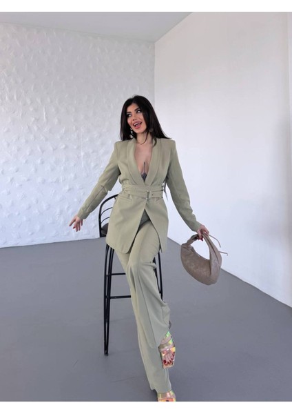 Kadın Ikili Kemer Detay Ceket Palazzo Pantolon Premium Takım Elbise fiyatları