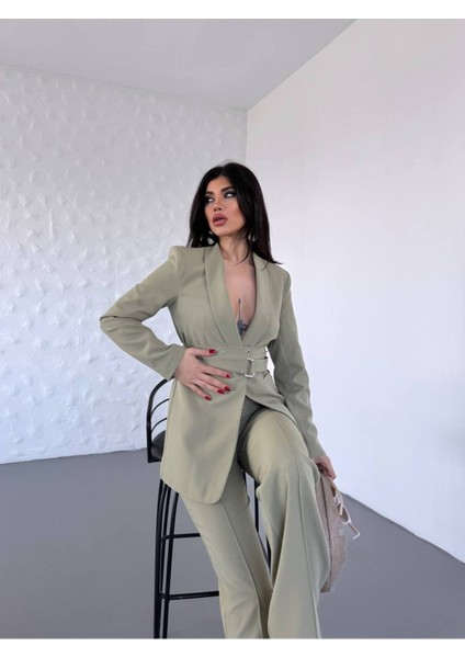 Kadın Ikili Kemer Detay Ceket Palazzo Pantolon Premium Takım Elbise fırsatları