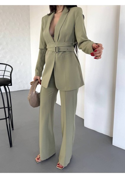 Kadın Ikili Kemer Detay Ceket Palazzo Pantolon Premium Takım Elbise