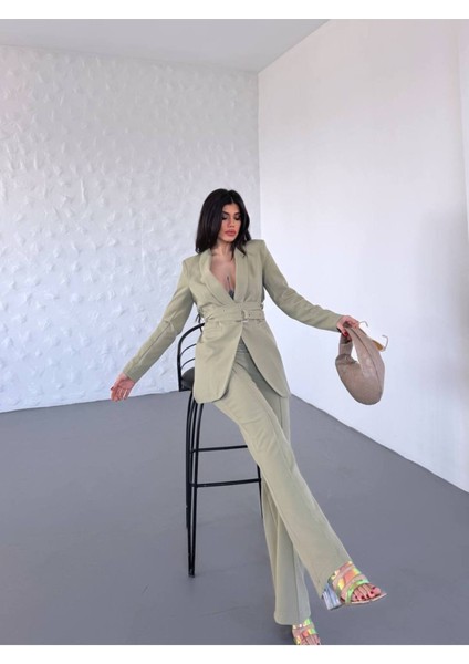 Kadın Ikili Kemer Detay Ceket Palazzo Pantolon Premium Takım Elbise