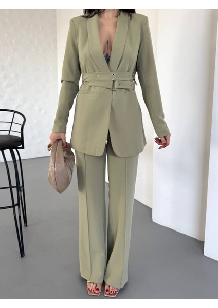 Kadın Ikili Kemer Detay Ceket Palazzo Pantolon Premium Takım Elbise