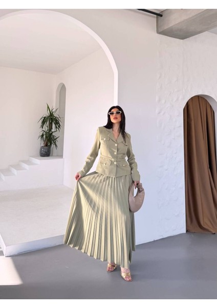 Kadın Kemerli Gold Düğmeli Premium Ceket Pileli Uzun Etek Takım Elbise fiyatları