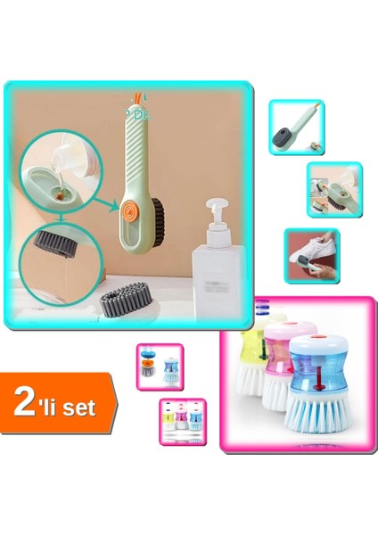 Süet Bot Temizleme Fırçası + Deterjan Hazneli Bulaşık Fırçası - 2li Set QWE456