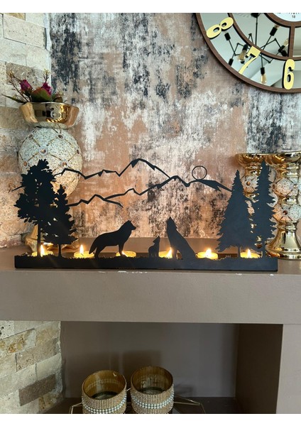 Dağ ve Kurtlar Temalı Dekoratif Metal Şamdan Mumluk