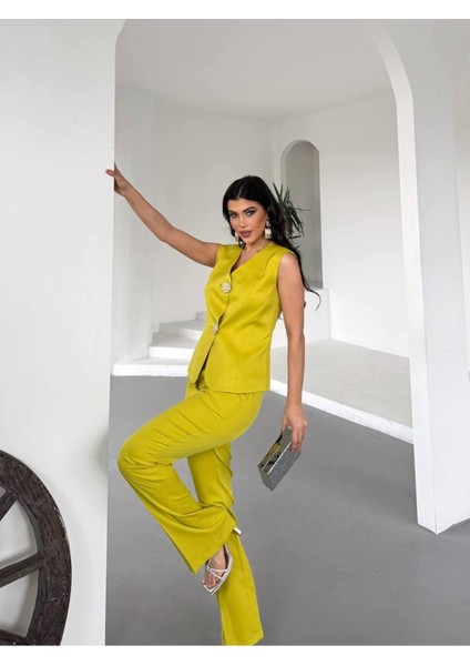 Kadın Gold Kurabiye Düğmeli Yelek Pantolon Takım Elbise fırsatları