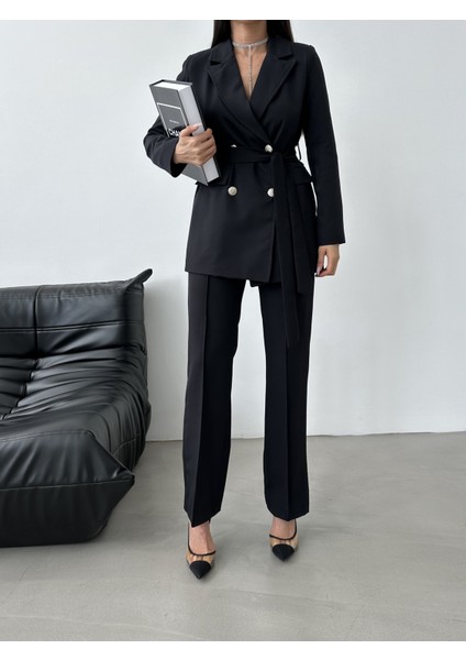 Kadın Bağlamalı Blazer Ceket Pantolon Takım Elbise