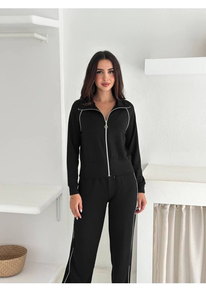 Kadın Fermuarlı Kapüşonlu Rahat Fit Iki Parça Set Eşofman Takımı