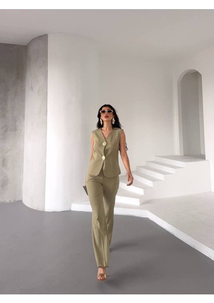 Kadın Gold Kurabiye Düğmeli Yelek Pantolon Takım Elbise fiyatları