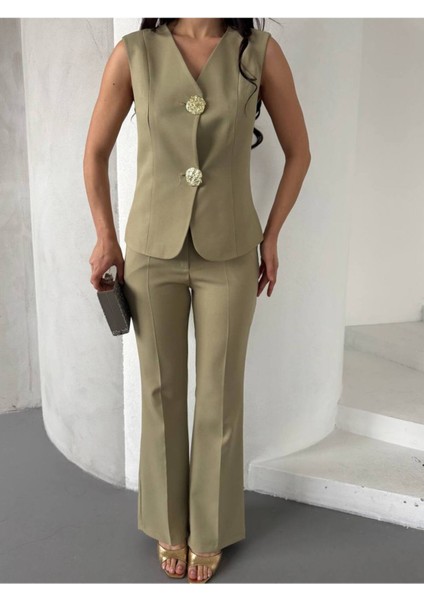 Kadın Gold Kurabiye Düğmeli Yelek Pantolon Takım Elbise