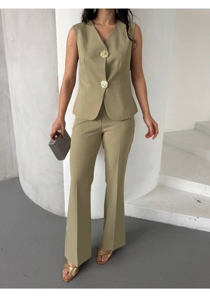 Kadın Gold Kurabiye Düğmeli Yelek Pantolon Takım Elbise