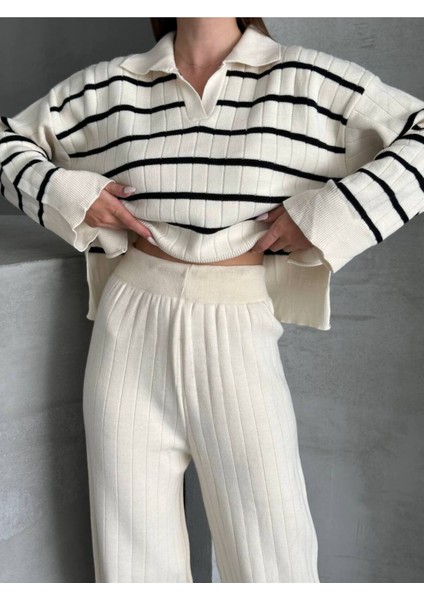 Kadın Polo Yaka Çigili Triko Alt Üst Takım