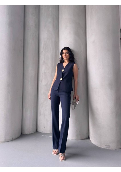 Kadın Gold Kurabiye Düğmeli Yelek Pantolon Takım Elbise