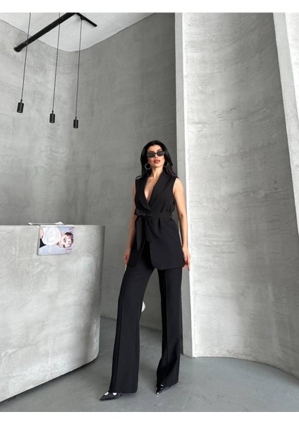 Kadın Şal Yaka Kuşaklı Yelekli Palazzo Pantolonlu Takım Elbise