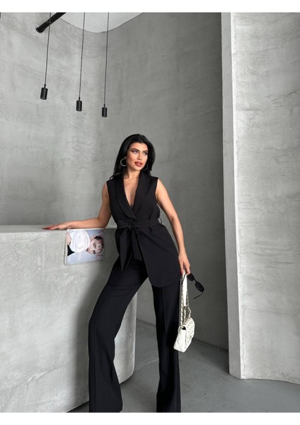 Kadın Şal Yaka Kuşaklı Yelekli Palazzo Pantolonlu Takım Elbise fiyatları
