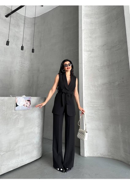 Kadın Şal Yaka Kuşaklı Yelekli Palazzo Pantolonlu Takım Elbise modelleri