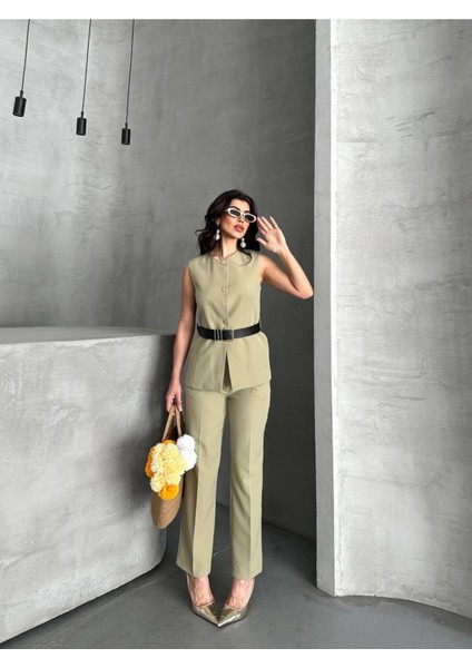 Kadın Kemerli Yelek Palazzo Pantolon Ikili Takım Elbise