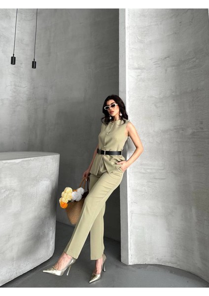 Kadın Kemerli Yelek Palazzo Pantolon Ikili Takım Elbise modelleri
