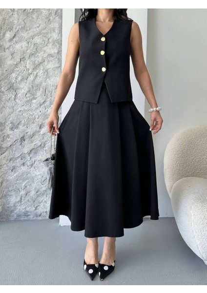 Kadın Alt Üst Takım Şık Düğme Detaylı Premium Yelek Etek Ikili Takım Elbise fırsatları