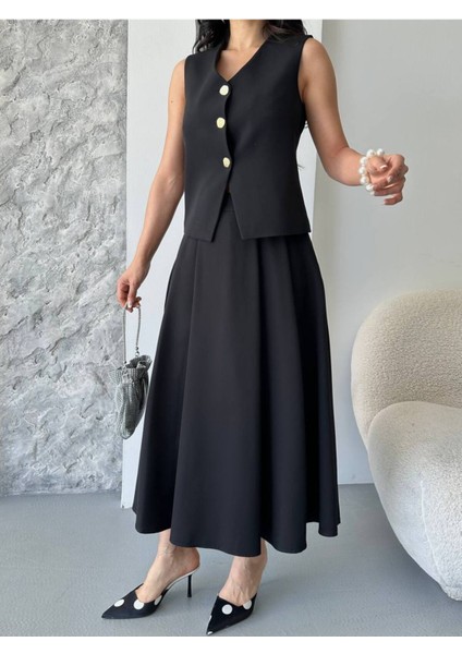 Kadın Alt Üst Takım Şık Düğme Detaylı Premium Yelek Etek Ikili Takım Elbise indirimleri