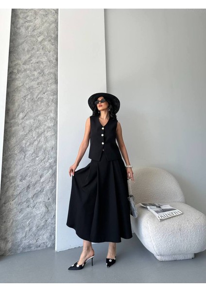 Kadın Alt Üst Takım Şık Düğme Detaylı Premium Yelek Etek Ikili Takım Elbise